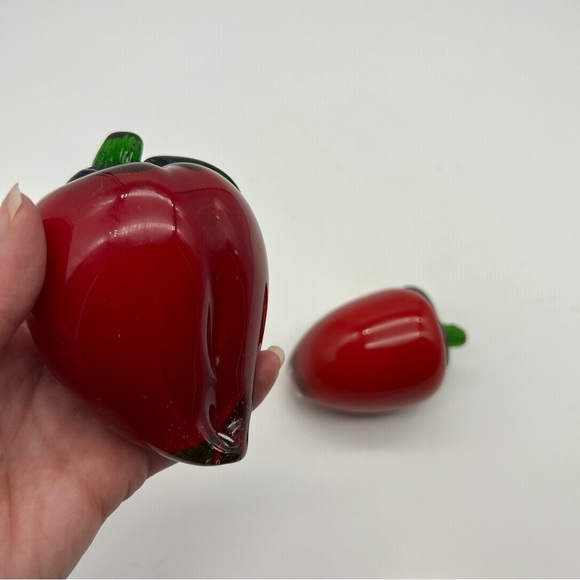 Set Of 2 Red Peppers Vintage Murano Style Art Glass Hand Blown Vegetable Fruit - Picture 8 of 13